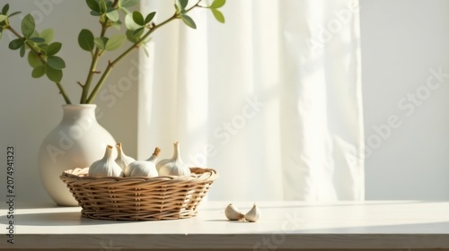 Sunlit Kitchen Still Life A wicker basket filled with fresh garlic bulbs sits on a pristine white surface, next to a vase of greenery, bathed in soft natural light filtering through sheer curtains.
