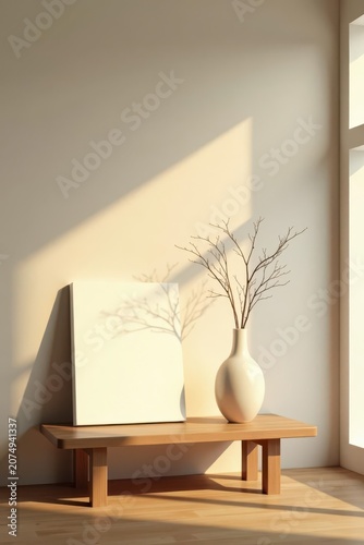 Serene Minimalist Interior Design Featuring a Blank Canvas and Dried Branches in a Simple Vase on a Low Wooden Bench, Bathed in Warm Sunlight