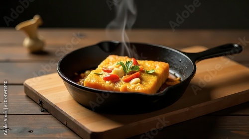 Aromatic Steaming Dish of Savory Custard with Cherry Tomatoes and Herbs in a Cast Iron Pan on Wooden Board