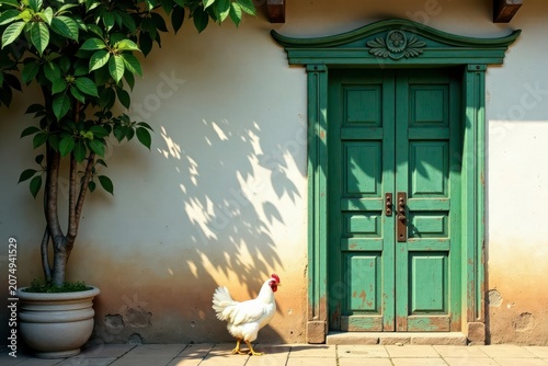 Rustic Charm A White Hen Stands Near a Weathered Green Door and Lush Foliage in the Sunlight