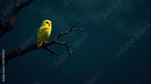 A Solitary Yellow Bird Perched on a Barren Branch Against a Deep Blue Twilight Sky