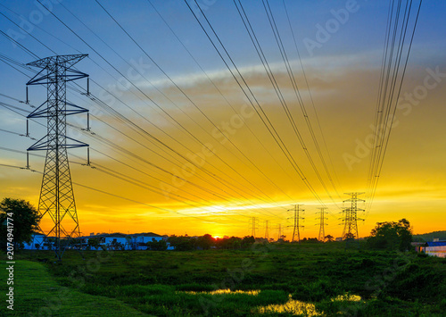 Sunset at Dengkil with an electric cable on the horizon. 