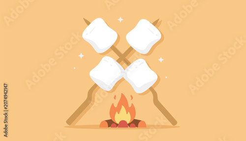 Two white marshmallows on sticks being roasted over a small campfire, symbolizing camping and togetherness, on a soft light orange background.