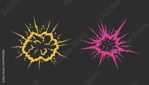 Two dynamic electric explosion blasts in vibrant yellow and bright pink burst energy on a dark gray background.