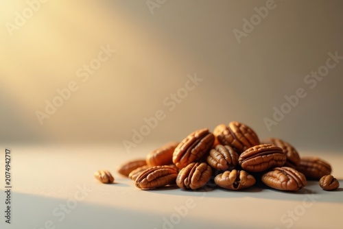 A Pile of Shelled Pecans Illuminated by Warm Light on a Smooth Surface