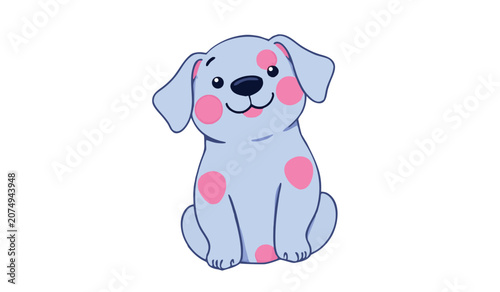 Cute cartoon blue dog with pink spots sitting and smiling sweetly looking up