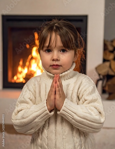 young girl praying by the fireplace.