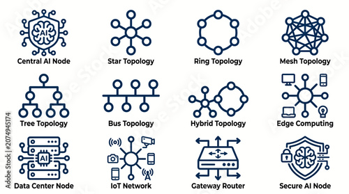 Foto Collection of various network topology icons and ai node diagrams