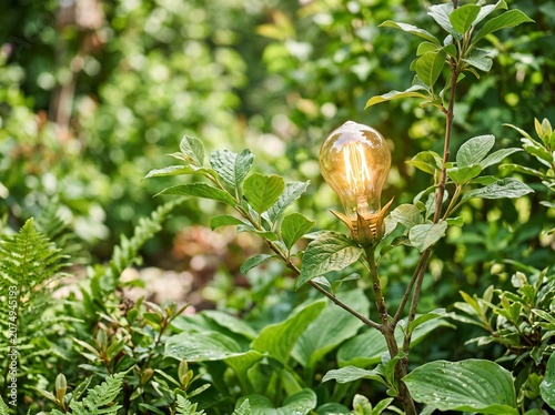 Glowing Light Bulb Growing Like a Fruit on a Green Plant Stem in a Lush Natural Garden Setting