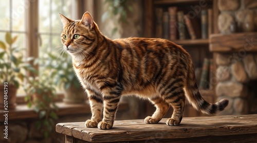 Bengal cat standing on wooden table.