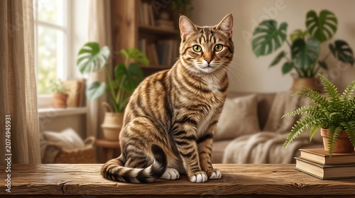 Brown tabby cat sitting indoors home.
