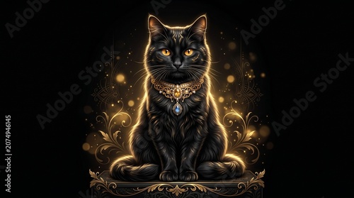 Mystic black cat with glowing collar.