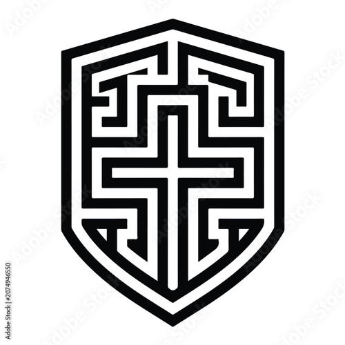 Minimalist black and white shield icon with labyrinth maze lines forming a central holy religious Christian cross illustration