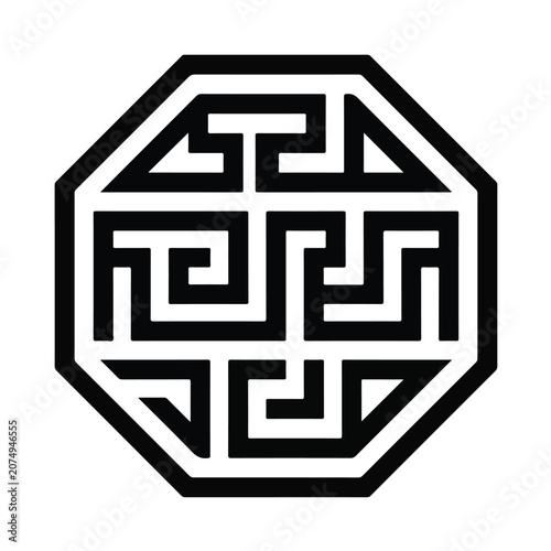 Abstract black and white octagonal geometric labyrinth pattern with intricate lines forming a complex maze on white illustration