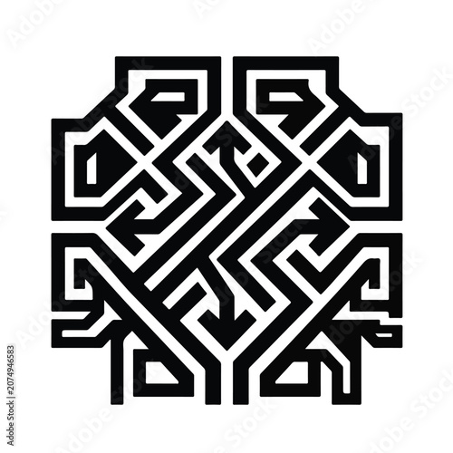 Abstract black and white geometric maze pattern with complex symmetrical lines forming a square decorative artistic digital graphic illustration