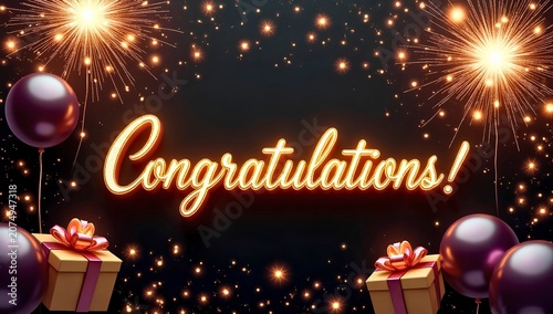 Celebratory artwork showing glowing cursive Congratulations text with fireworks, sparkling lights, balloons, and gift boxes on dark background