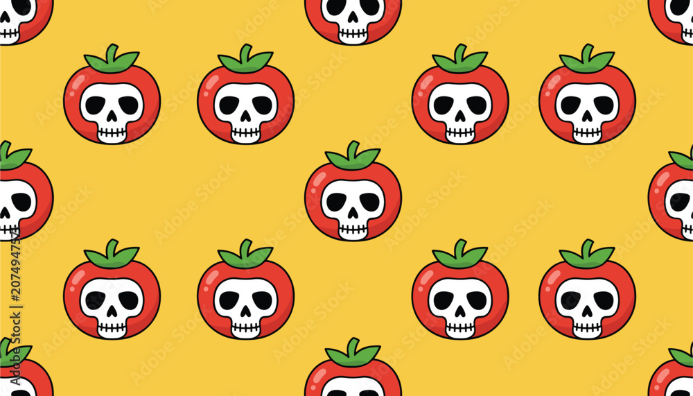 Naklejka premium Playful pattern of red cartoon tomatoes, each featuring a white skull face, on a vibrant yellow background for a quirky design.