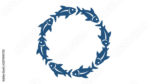 Blue fish arranged in a circular wreath pattern representing a natural school of fish swimming in unison in a deep ocean theme.