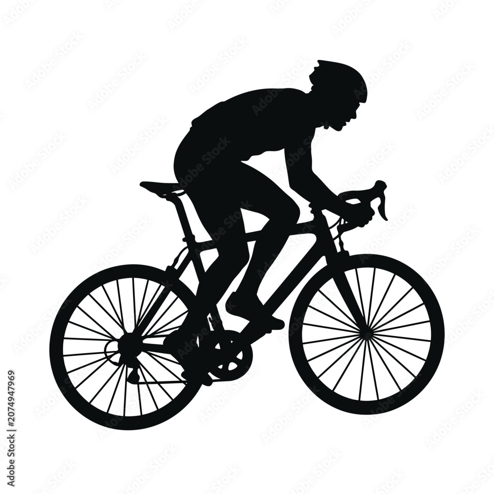 Obraz premium Professional male cyclist riding a high-performance road bike on an asphalt track, wearing full aerodynamic racing gear and helmet, flat vector illustration on white background.