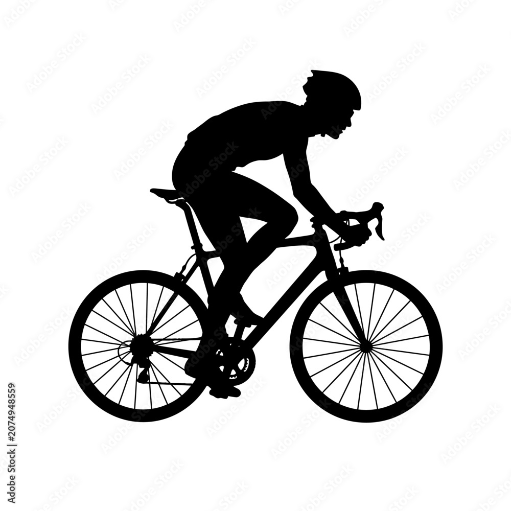 Obraz premium Vector illustration of a professional cyclist on a road bike during a morning training ride at sunrise, featuring athletic gear, helmet, and a scenic asphalt road path.