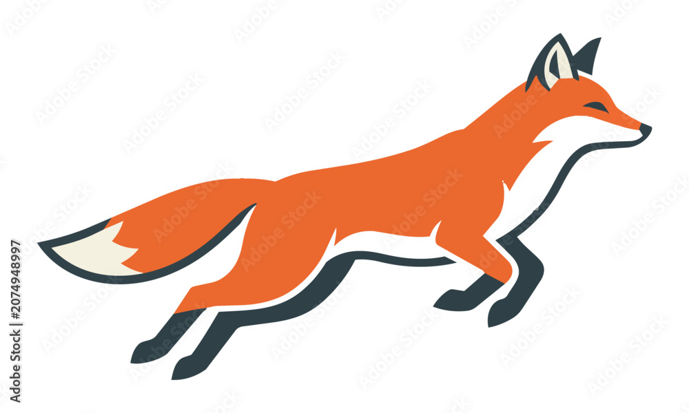 Fototapeta premium Minimal graphic icon of a jumping fox with smooth flowing lines and bold flat orange and charcoal colors on a clean white background, animal wildlife concept