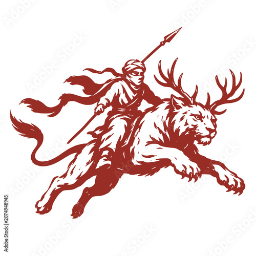 Tablou pe pânză A mythical warrior rides a powerful stag with antlers, holding a spear aloft in a dynamic pose, symbolizing strength and bravery in a legendary scene