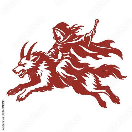 Schilderij op canvas A hooded figure rides a mythical creature with horns and sharp teeth, holding a sword aloft in a dynamic pose