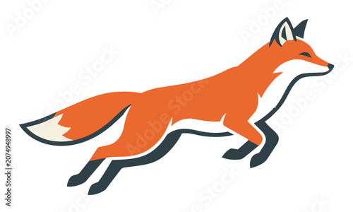 Minimal graphic icon of a jumping fox with smooth flowing lines and bold flat orange and charcoal colors on a clean white background, animal wildlife concept