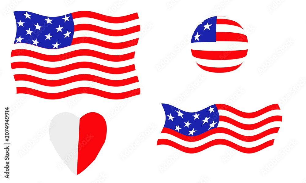Obraz premium American Flag Icons Set Collection with Waving Flag Heart and Circle Badge on Transparent Background