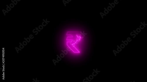 Glowing neon Indian rupee symbol animation on black background for finance, currency, payment, economy, digital money.