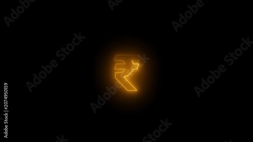 Glowing neon Indian rupee symbol animation on black background for finance, currency, payment, digital money.