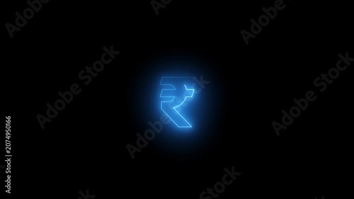 Glowing neon Indian rupee symbol animation on black background for finance, currency, payment, economy, digital money.4k video