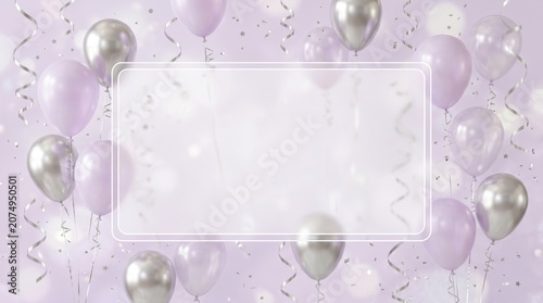 A celebratory background with purple and silver balloons, confetti, and a blank frame. Perfect for birthdays, events, or customizable greeting cards.