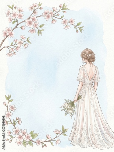 A watercolor illustration of a bride from the back in a lace gown holding a bouquet, surrounded by cherry blossoms. Ideal for spring weddings, floral designs, or romantic artwork.