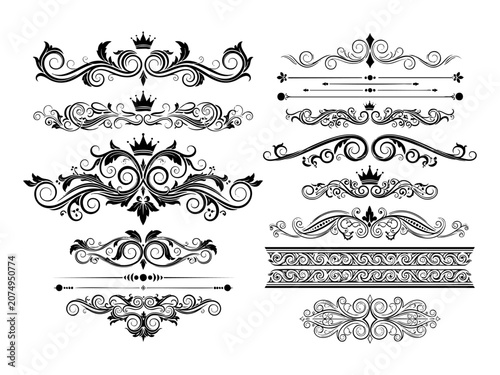 Royal victorian filigree design elements. Vector retro queen flourish swirls and antique calligraphy borders