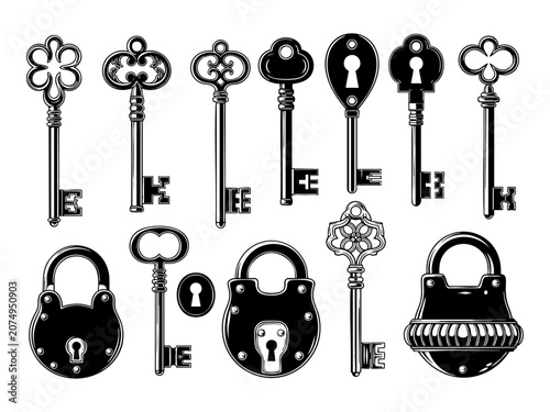 Vintage key, keyhole and lock set or victorian padlock elements vector illustration