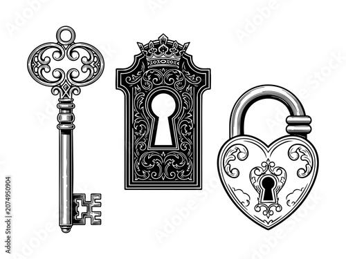 Vintage key, keyhole and lock set or victorian padlock elements vector illustration