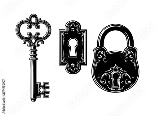 Vintage key, keyhole and lock set or victorian padlock elements vector illustration