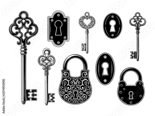 Vintage key, keyhole and lock set or victorian padlock elements vector illustration