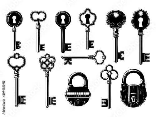 Vintage key, keyhole and lock set or victorian padlock elements vector illustration