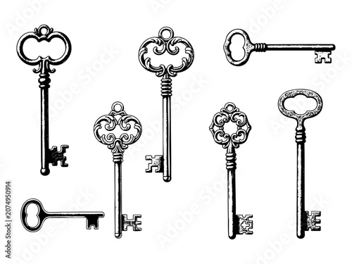 Vintage key, keyhole and lock set or victorian padlock elements vector illustration