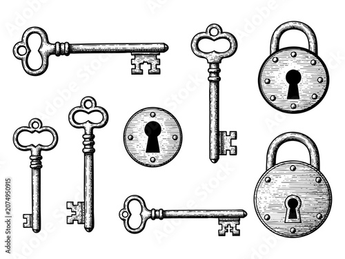 Vintage key, keyhole and lock set or victorian padlock elements vector illustration