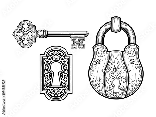 Vintage key, keyhole and lock set or victorian padlock elements vector illustration