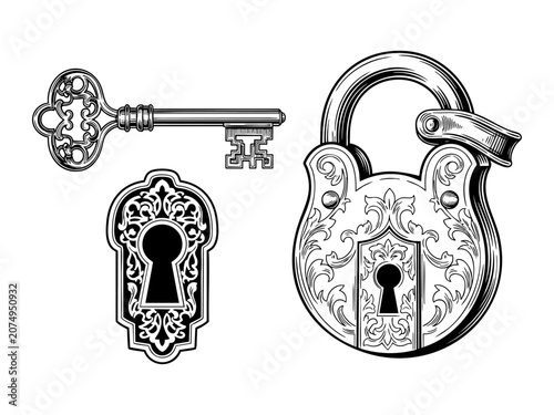 Vintage key, keyhole and lock set or victorian padlock elements vector illustration