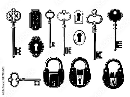 Vintage key, keyhole and lock set or victorian padlock elements vector illustration