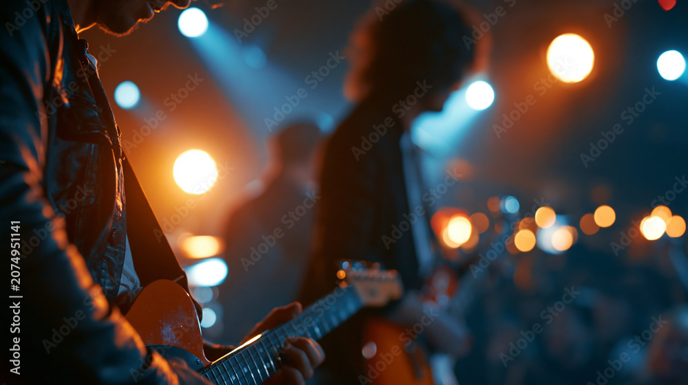 Obraz premium Faceless rock musicians in fashionable outfits performing alternative punk rock music on a nightclub stage, passionately playing guitars under bright spotlights, defocused
