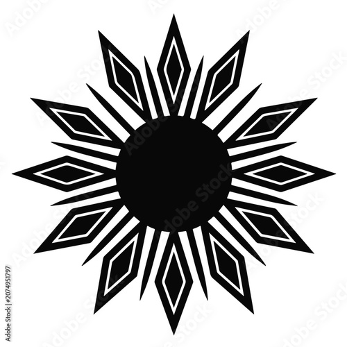 Minimalist black and white radial sunburst design with geometric diamond patterns and sharp pointed rays on plain white background.