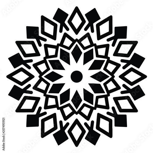 Symmetrical black and white geometric mandala pattern featuring diamond shapes and radial symmetry for decorative and artistic design projects