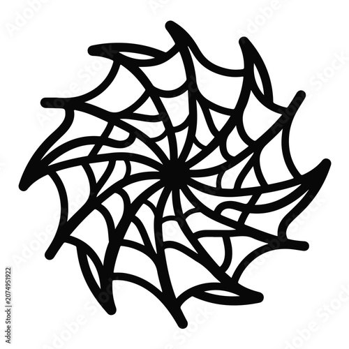 Sharp black and white symmetrical radial geometric pattern resembling a spider web ornament isolated on a plain white canvas