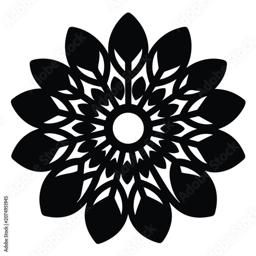 Minimalist black and white radial flower mandala pattern with symmetrical leaf shapes and central circle isolated on background